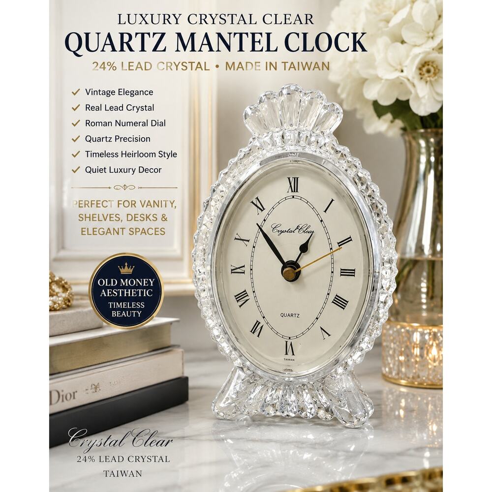 Vintage Crystal Clear 24% Lead Crystal Quartz Mantel Clock Taiwan Luxury Decor